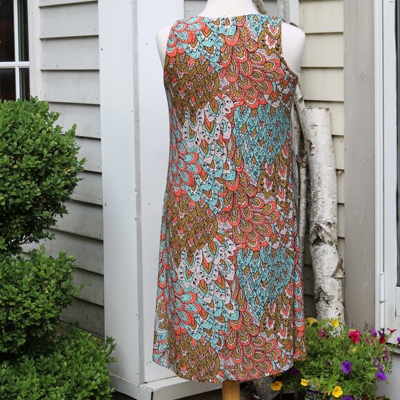 Anne Klein Aqua Peacock Feather Print Sleeveless Poly Knit V-Neck A-Line Dress 2 - Picture 4 of 6